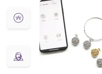 A gold SmartWear Security personal safety device charm shown next to icons illustrating the service features.