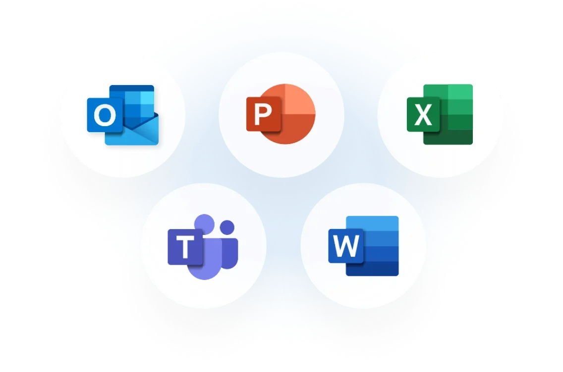 Microsoft 365 Product Icons: Microsoft Outlook, PowerPoint, Excel, Teams and Word.