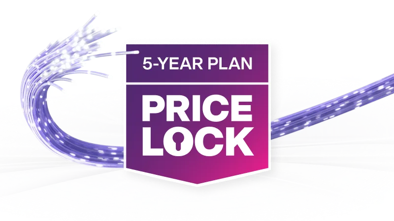 An image featuring the TELUS 5-year Internet rate plan price lock logo in a purple and pink gradient banner.