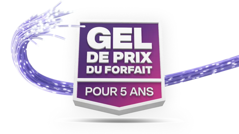 Une image présentant le logo Gel de prix du forfait pour 5 ans de TELUS dans une bannière violette et rose.
