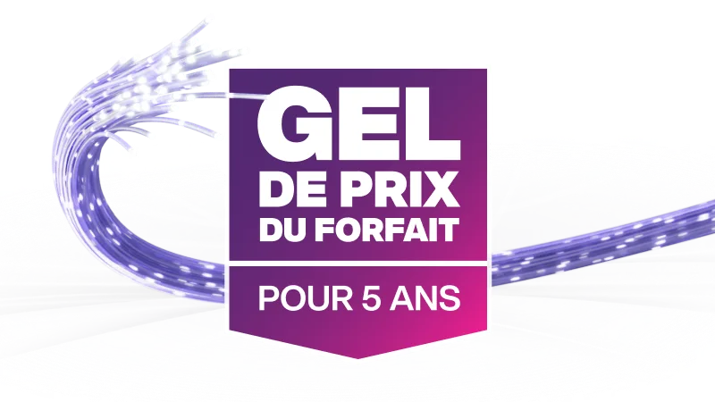 Une image présentant le logo Gel de prix du forfait pour 5 ans de TELUS dans une bannière violette et rose.