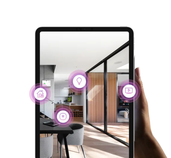 A tablet with an image of a luxury home interior shown next to icons illustrating Custom Home services.