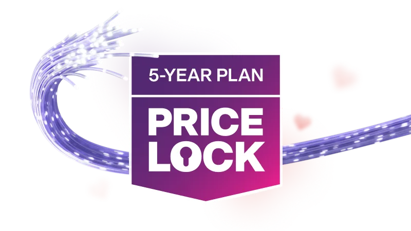 An image featuring the TELUS 5-year Internet rate plan price lock logo in a purple and pink gradient banner.