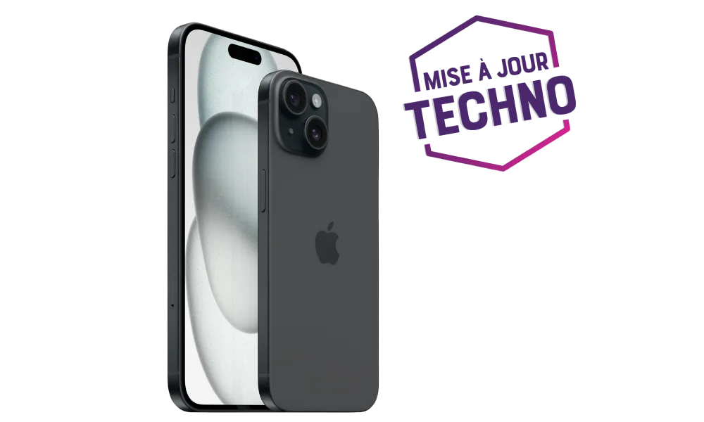 Vue avant et arrière d’un iPhone 15 en Noir avec une cocarde indiquant « Mise à jour techno ».