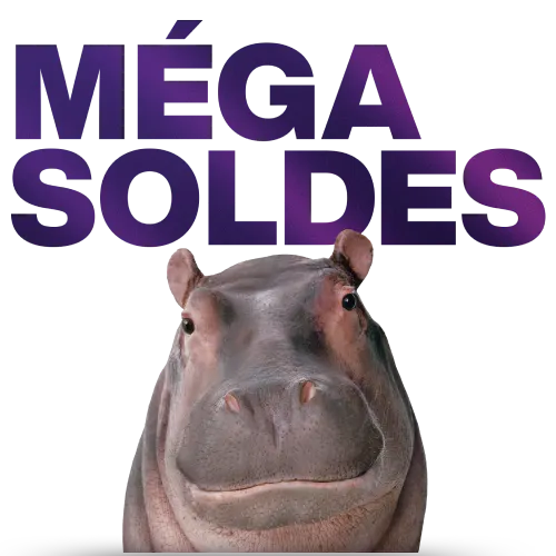 Gros plan d'un hippopotame souriant. Le texte indique : « MÉGA SOLDES ».