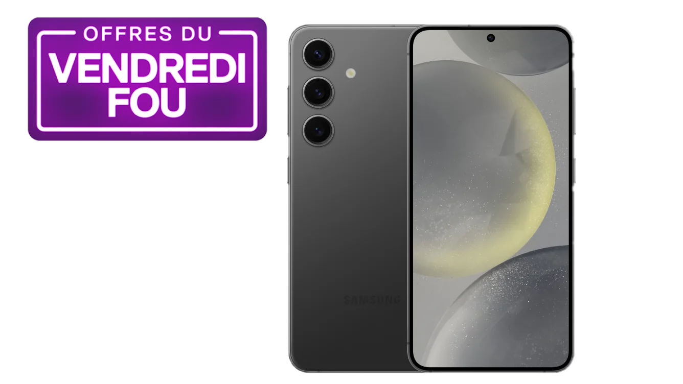 Vue arrière du Samsung Galaxy S24 de couleur Noir Onyx. Une concarde indique « Offres du Vendredi Fou ».