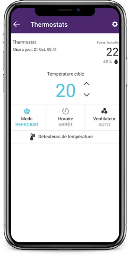 Écran de contrôle de la température de l'application Maison connectée