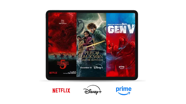 A tablet displaying the posters of Stranger Things 5, Percy Jackson and the Olympians, and Gen V.