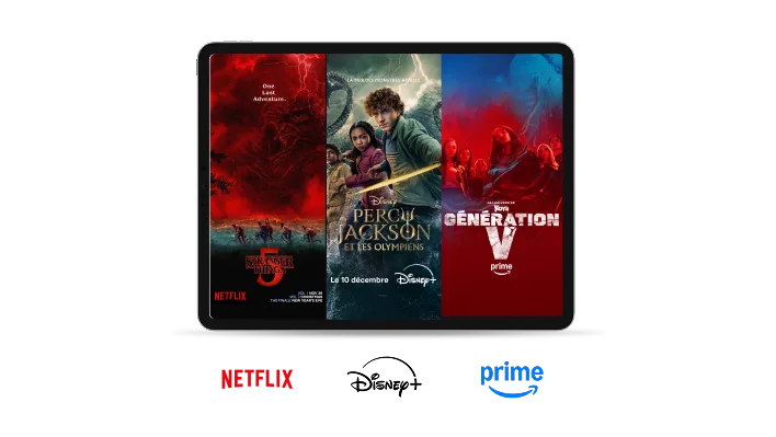 Une tablette montre les affiches de Stranger Things 5, Percy Jackson et les Olympiens et Gen V.