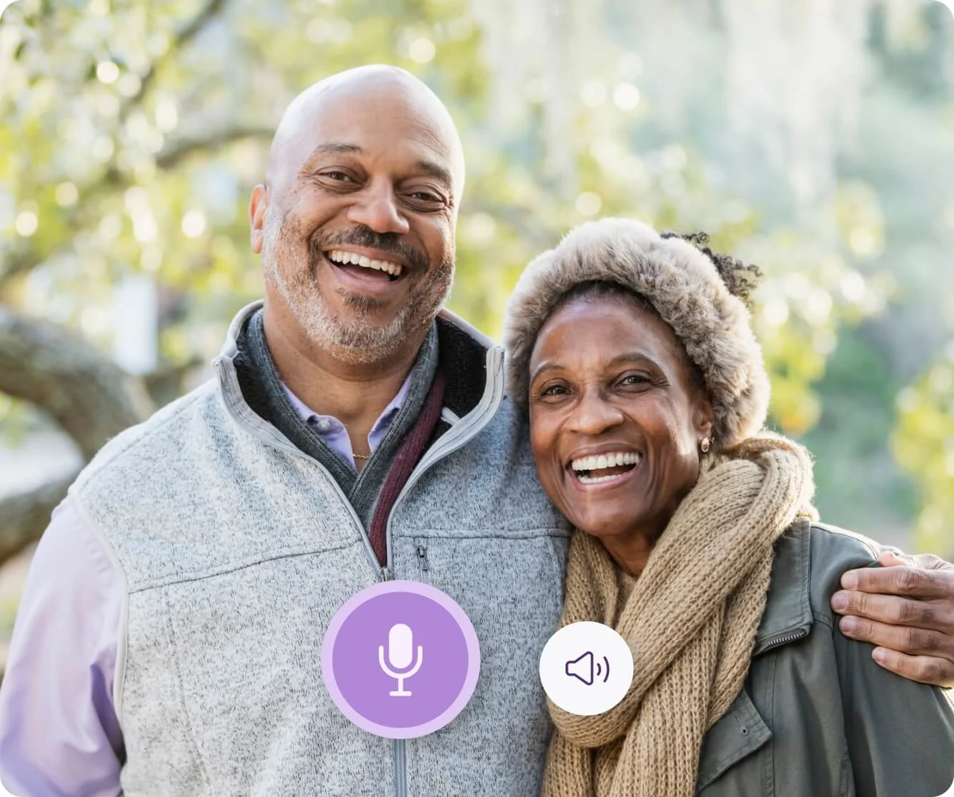 Elderly couple smiling with video call interface overlay