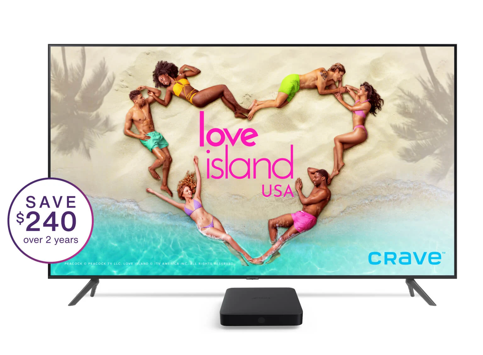A TV displays Love Island USA along with a TELUS TV Digital Box.