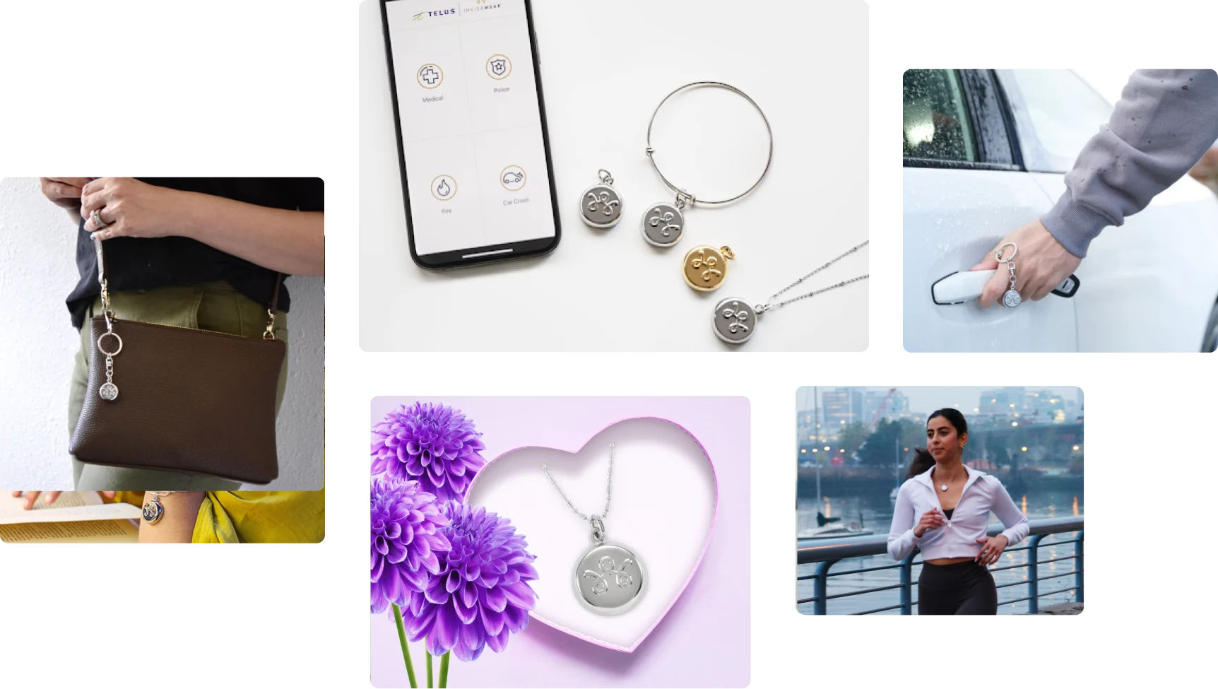 A collage showcasing various safety devices surrounds a heart-shaped box, symbolizing the precious gift of security that SmartWear offers to your loved ones.