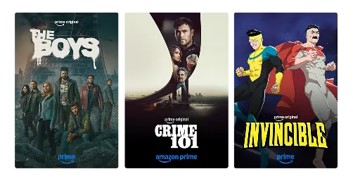 Three posters: The Boys, Crime 101 and Invincible.