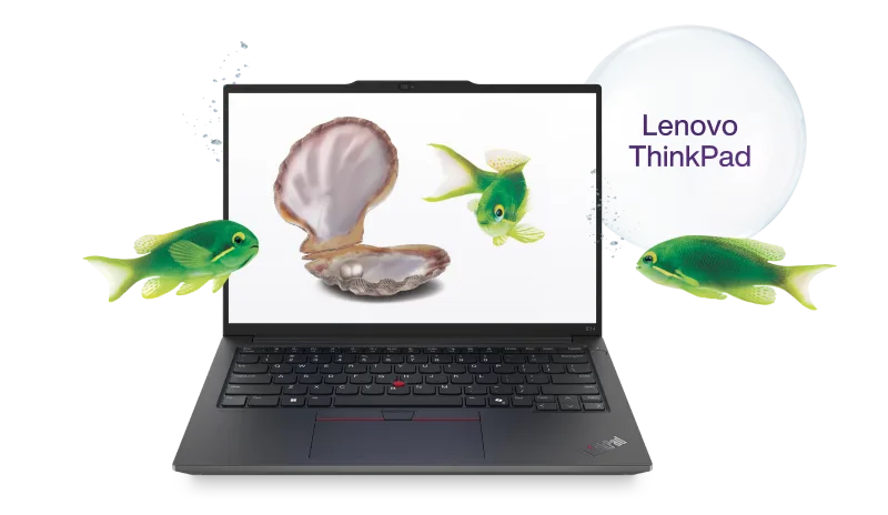 Lenovo ThinkPad laptop displaying an oyster with a pearl, surrounded by green fish and a "Lenovo ThinkPad" bubble.