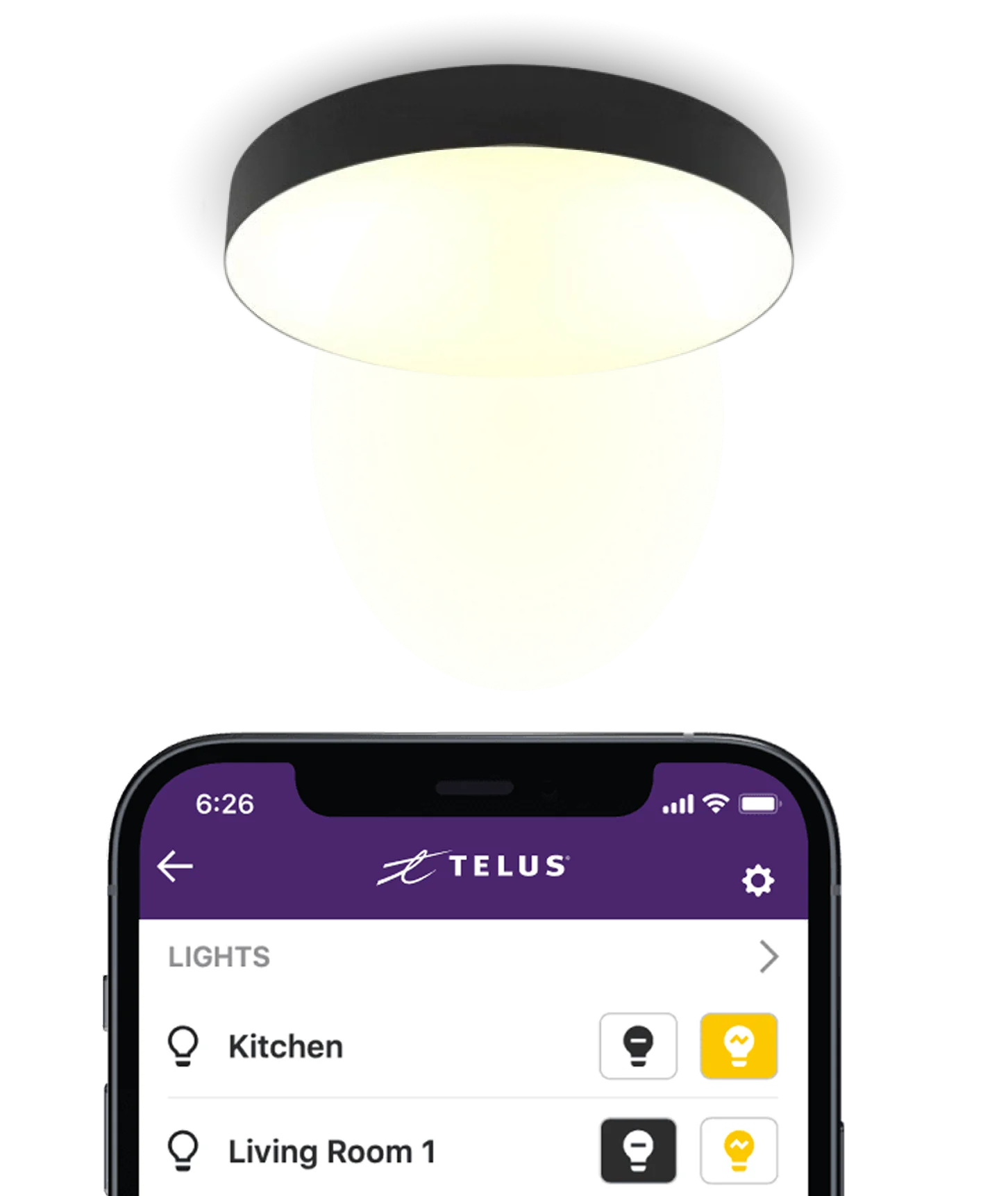 A smartphone displays the ability to control lights in the SmartHome Security app.