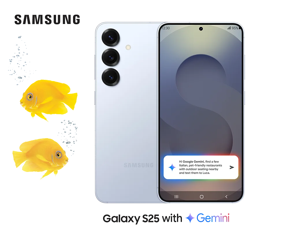 Samsung Galaxy S25 in light blue showing front and back views with blue circular display, Samsung branding, and yellow fish decorative elements.