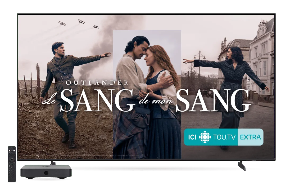 Un téléviseur, un décodeur numérique et une télécommande. L'écran montre « Le sang de mon sang », disponible sur ICI TOU.TV EXTRA.