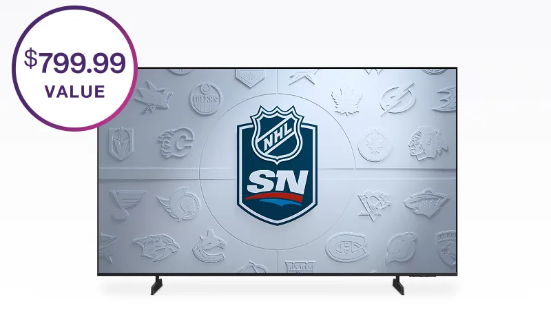 TV screen displaying NHL and Sportsnet logos surrounded by team logos, with a "$799.99 VALUE" badge.