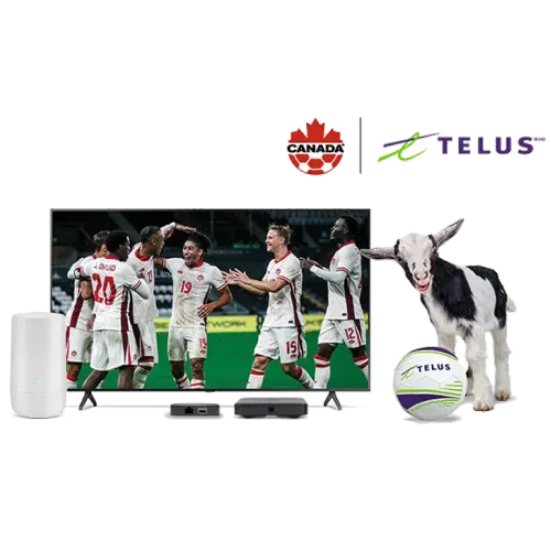 Une image mettant en vedette une télévision TELUS avec une équipe de soccer à l'écran et un animal-vedette chèvre. Un logo de TELUS et celui de l'équipe nationale de soccer du Canada sont également visibles dans le coin supérieur droit.