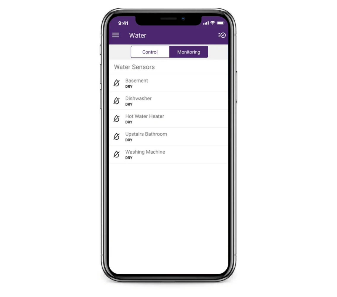 Smartphone screen displaying the status of flood sensors in various rooms of a house. All indicate "dry"