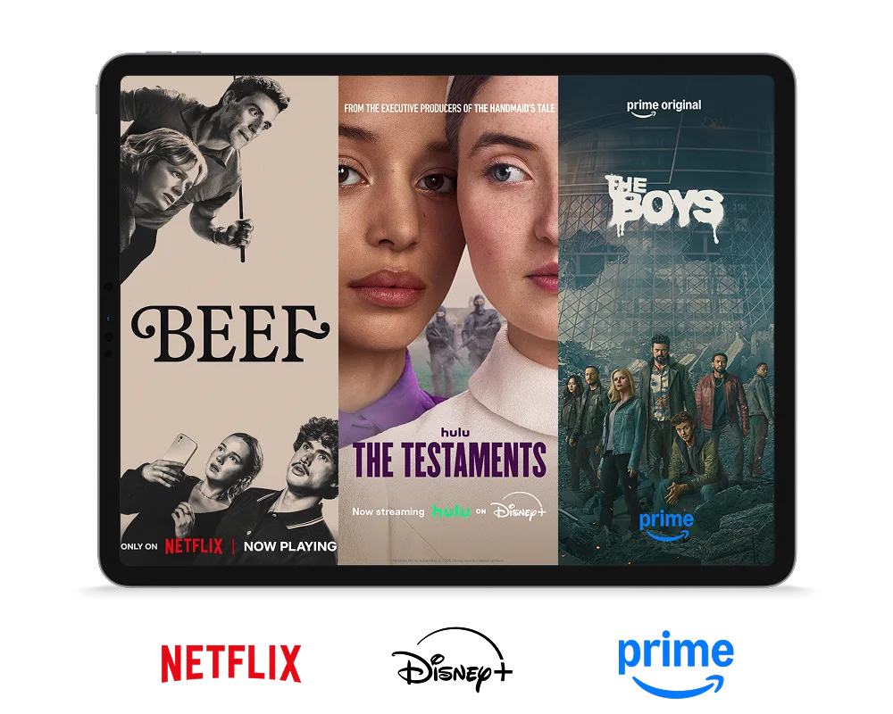 TELUS Stream+ posters 'Beef'’ on Netflix for ‘The Testaments’ on Disney+,"The Boys”’ on Amazon Prime.