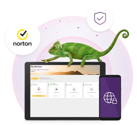 A chameleon walking on top of a tablet with the Norton main page and a phone displaying a locked icon.