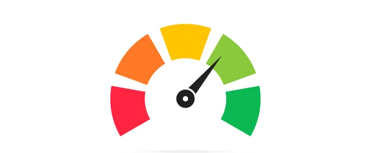 A temperature gauge metre with a dial ranging from red hot to green