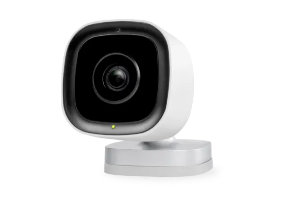 A silver and white home security camera.