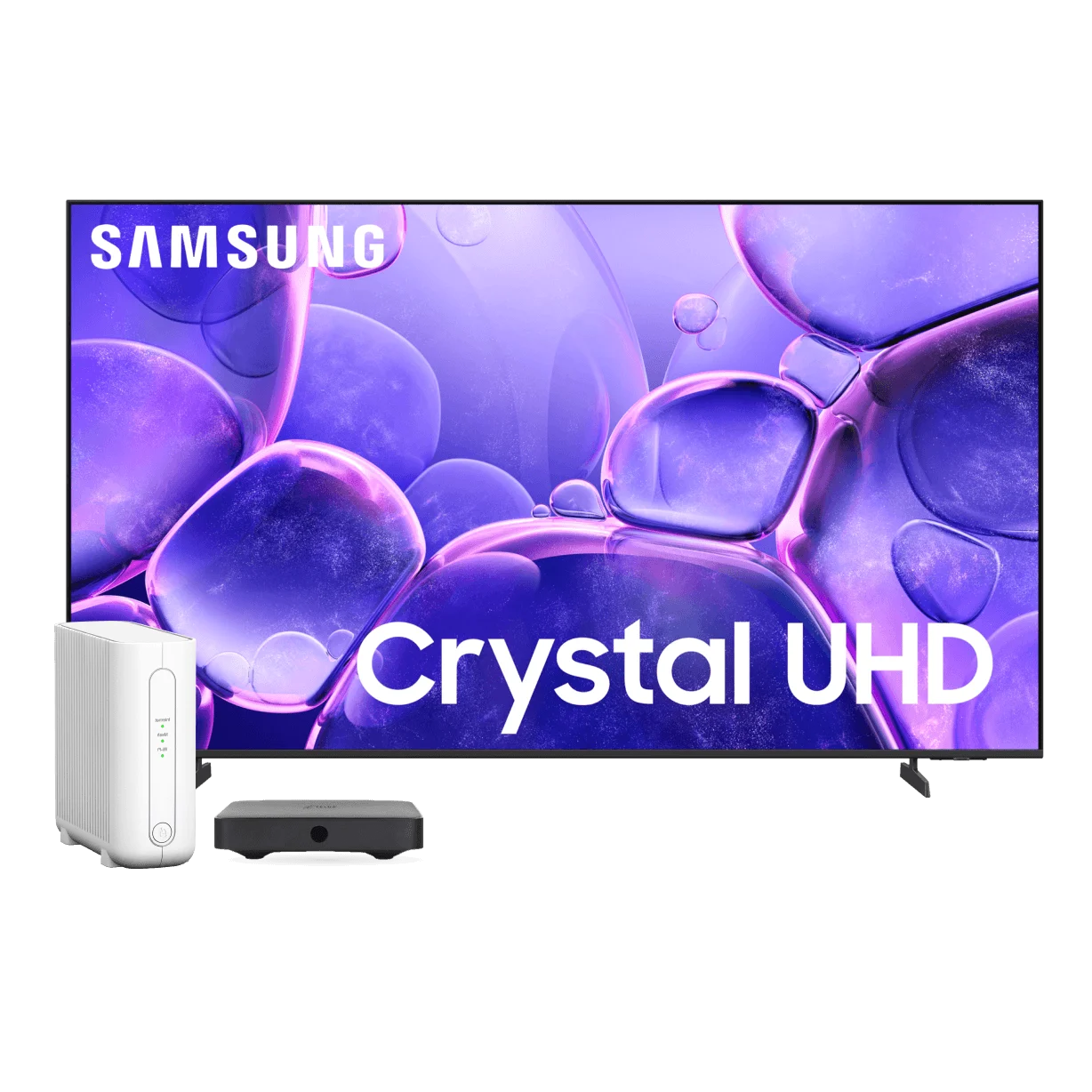 A Samsung Crystal UHD Television, TV Box and modem.