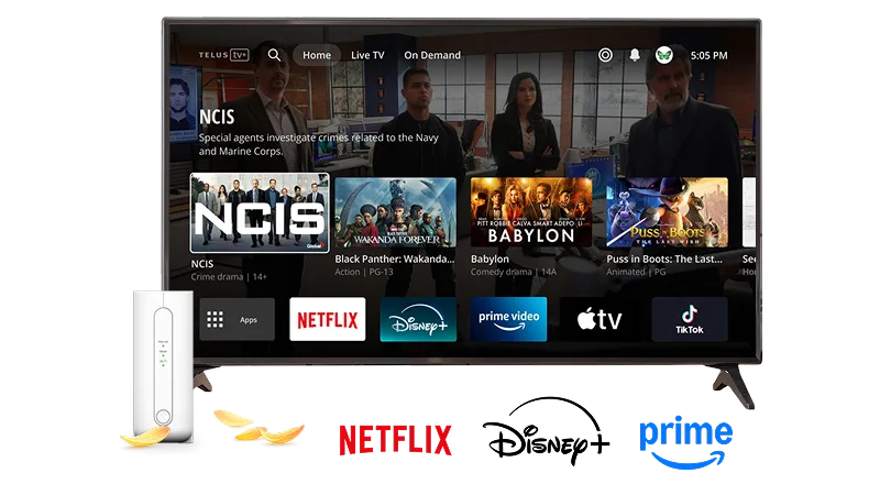 A large TV and TELUS modem. The TV displays the TELUS TV home screen. Underneath are logos of Netflix, Disney+ and Prime.