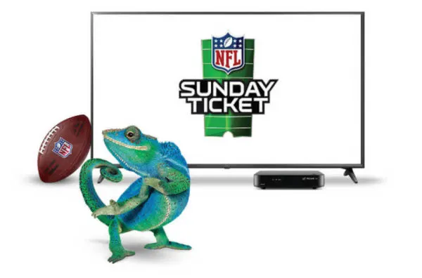 An image showing a TV with a NFL Sunday Ticket logo and a chameleon beside it.