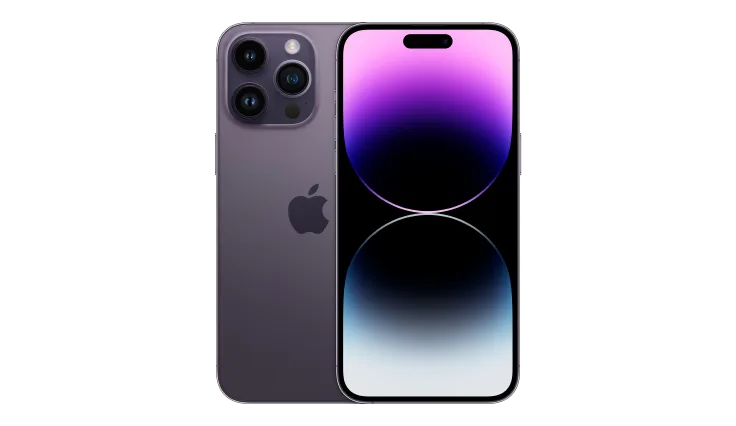 Arrière et avant d’un iPhone 14 Pro Max en violet.