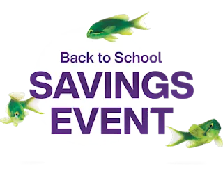 Three green fish are positioned around the text 'Back to School SAVINGS EVENT' one in the upper portion, one on the left side, and one in the lower right area of the image.