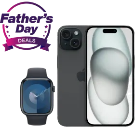 An Apple Watch and iPhone 15. Text reads: Father’s Day deals
