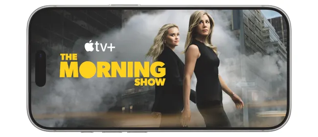 Smartphone displaying Apple TV+ promotional image for 'The Morning Show'.