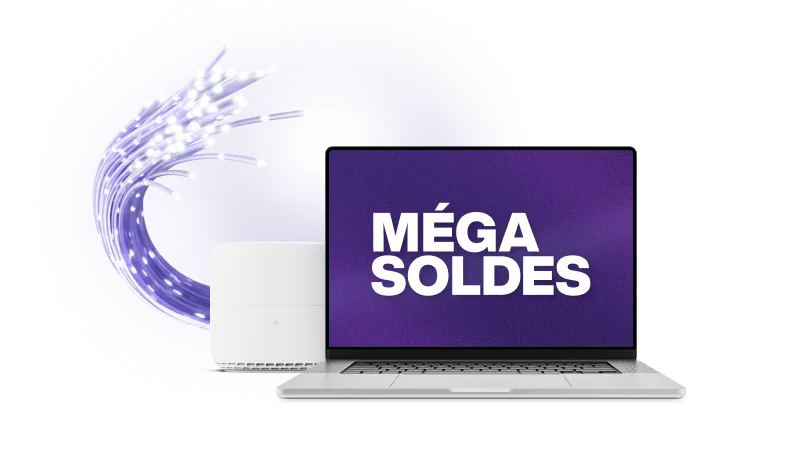 Un modem TELUS à côté d'un ordinateur portable. L'écran de l'ordinateur affiche le texte « MÉGA SOLDES ».