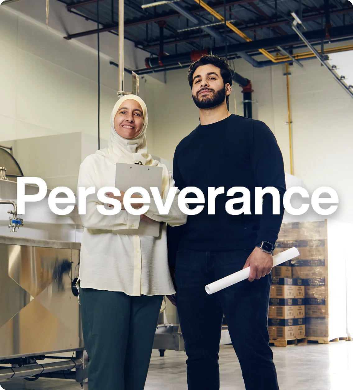 Surria and Ameen Fadel overlaid with word “perseverance”