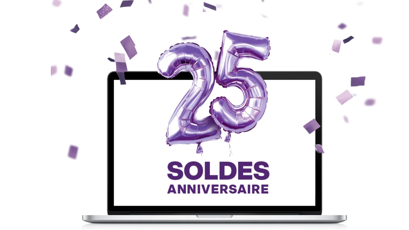 Un ordinateur portable affichant un autocollant de ballons avec l'inscription « 25 » flottant autour sur son écran.
