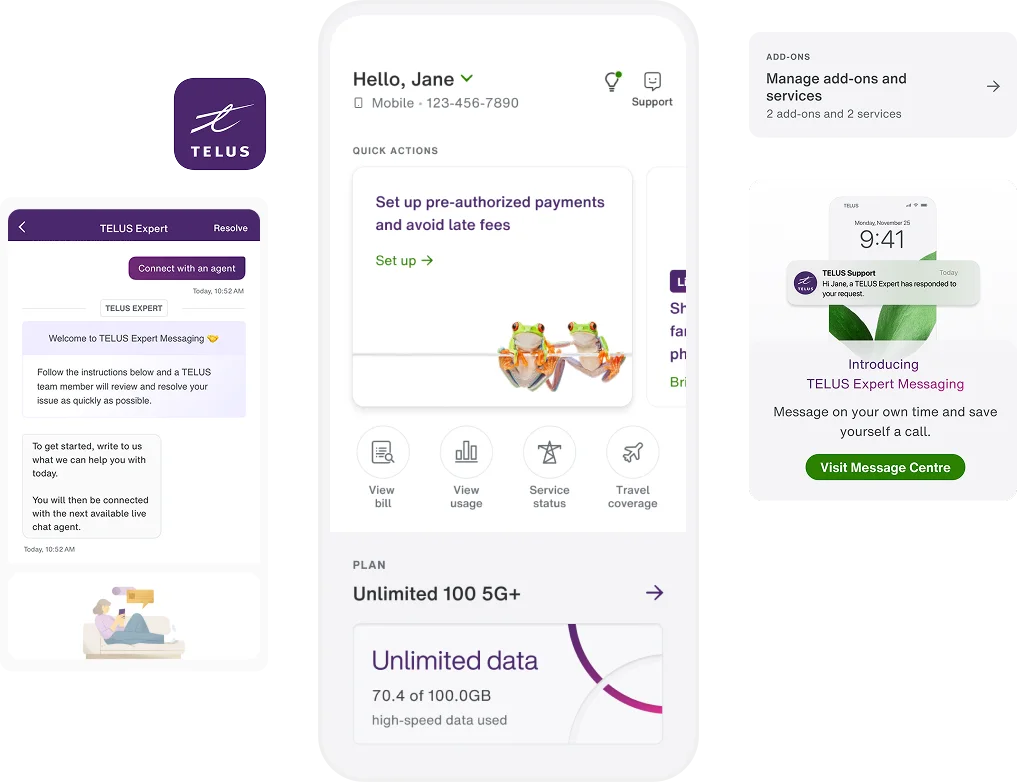 A collage of My TELUS app screens showcasing the ease and convenience of the app.