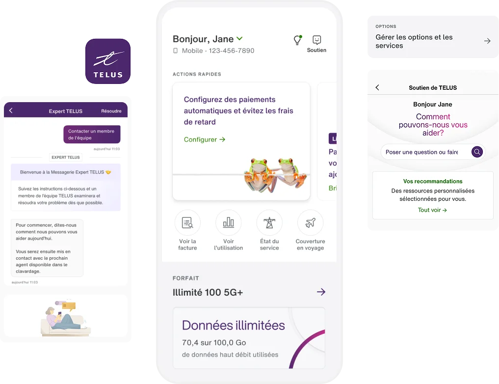 Un collage d’écrans de l’application Mon TELUS illustrant la facilité et la commodité de l’application.