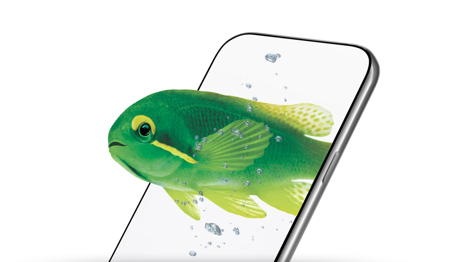 A green fish swims out of a smartphone.
