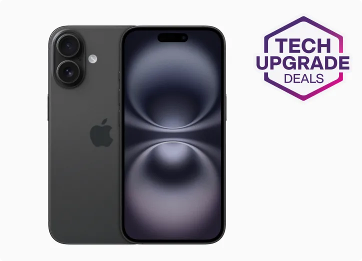 iPhone 16, front and back view paired with a badge with Tech Upgrade Deals.