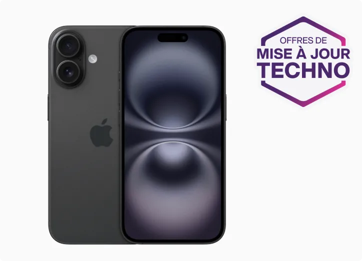 iPhone 16, vues avant et arrière, accompagnées d'un macaron « Offres de mise à niveau tech ».