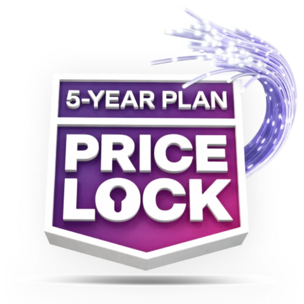An image featuring the TELUS 5-year Internet rate plan price lock logo in a purple and pink gradient banner.