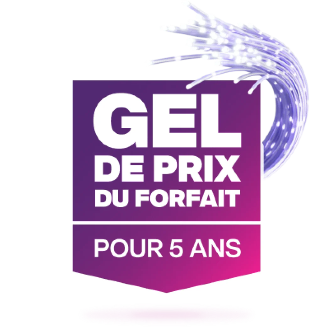 Une image présentant le logo Gel de prix du forfait pour 5 ans de TELUS dans une bannière violette et rose.