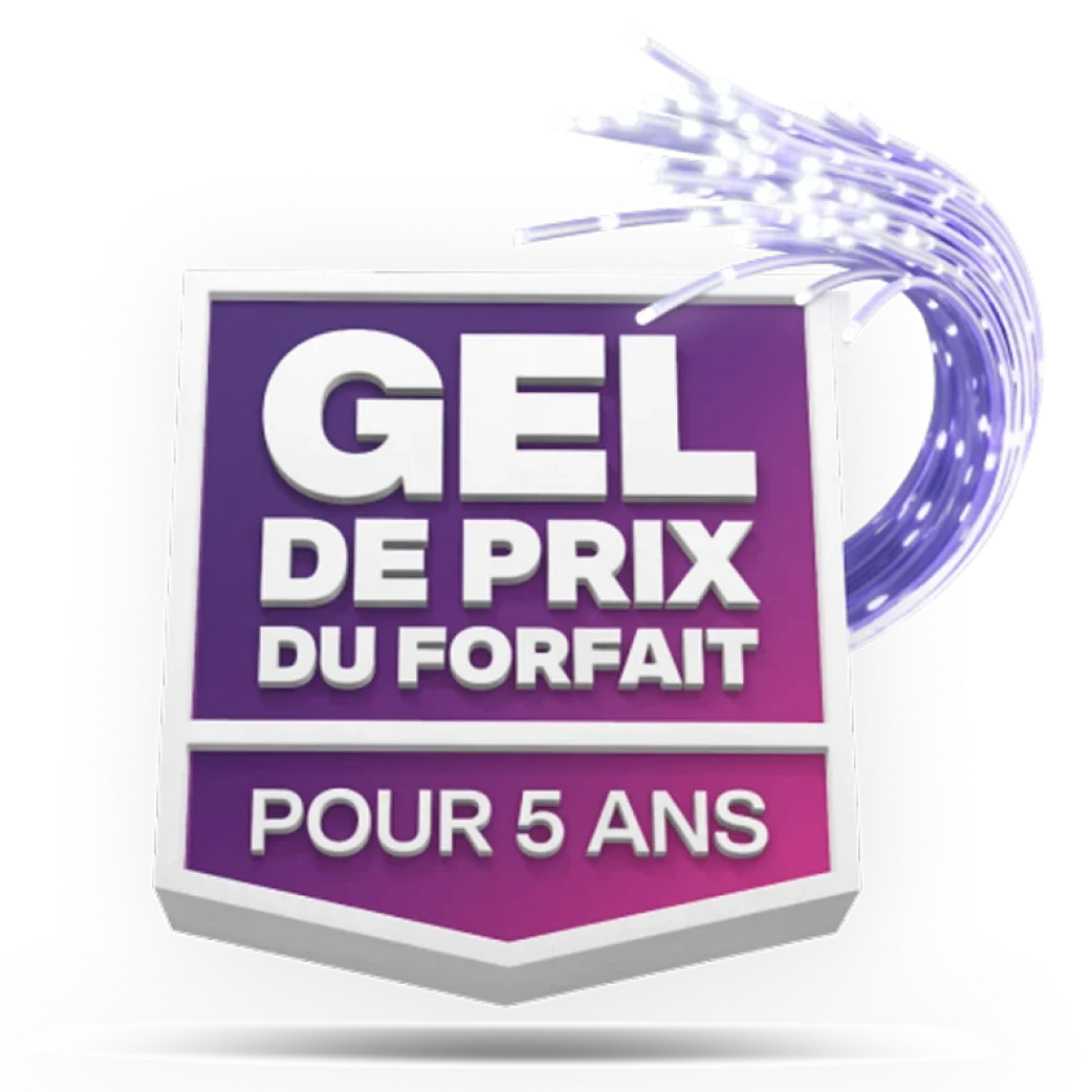 Une image présentant le logo Gel de prix du forfait pour 5 ans de TELUS dans une bannière violette et rose.