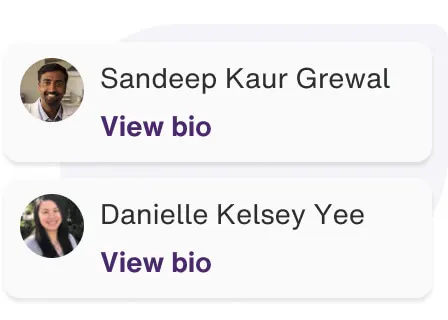 App screenshot showing 3 practitioners’ bios