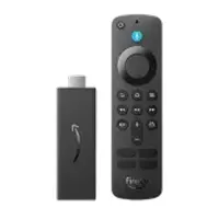 Fire TV streaming stick and remote control with a compact black design and navigation buttons.