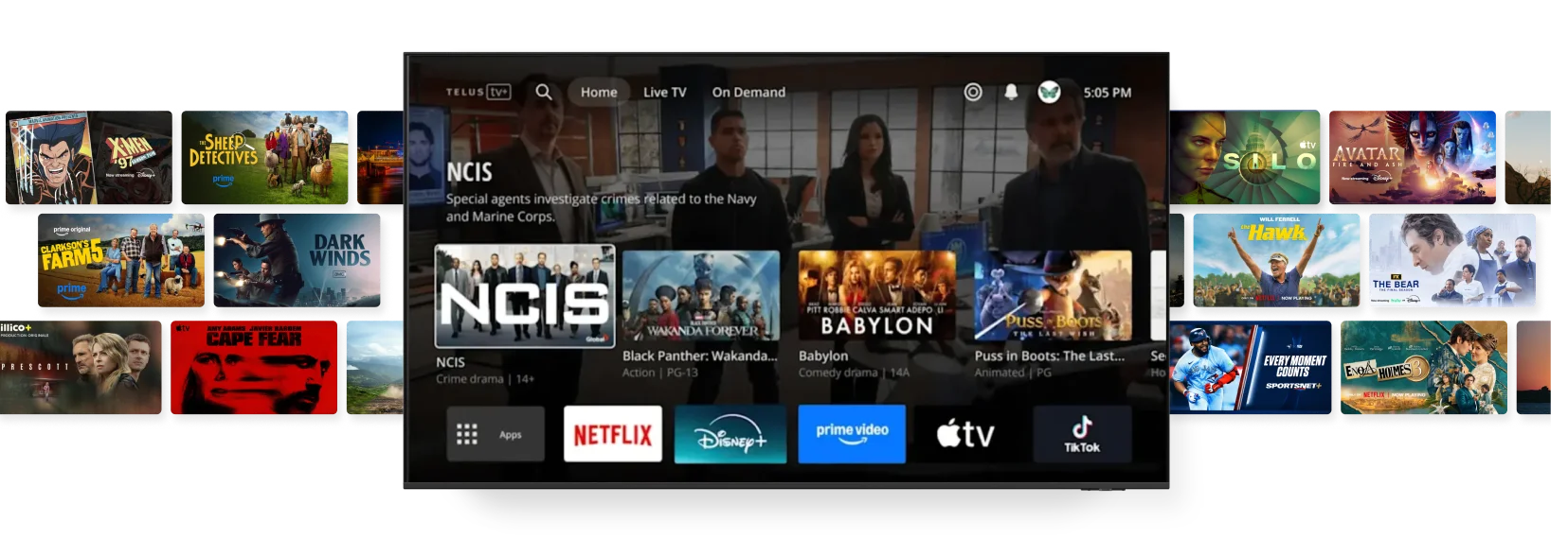 A screen displaying the TELUS TV+ app home menu. Surrounding the main screen, two screens show additional content including Dark Winds, Cape Fear, Silo, The Bear, among others.