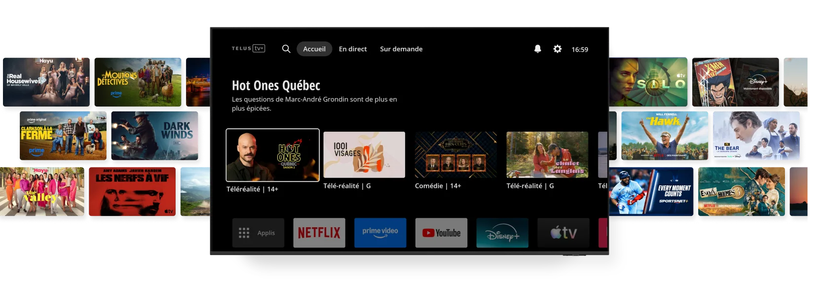 Un écran montre le menu principal de l'application TELUS TV+. De part et d'autre de l'écran, il y a deux autres écrans avec du contenu additionnel, notamment Dark Winds, Cape Fear, Silo et The Bear.